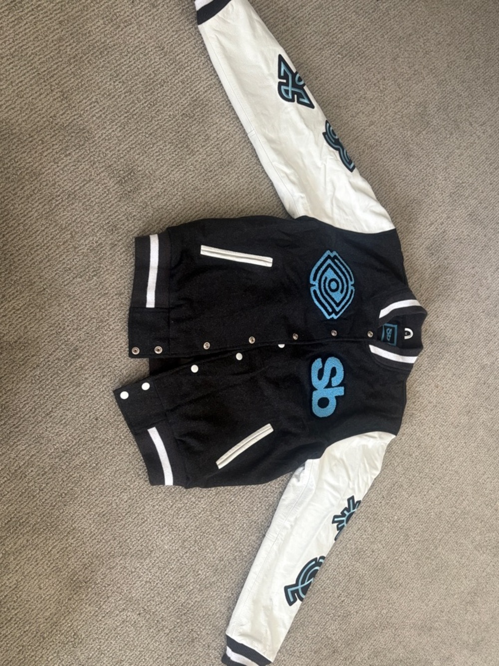 Black and White Varsity Jacket with Blue Appliqué - Picture 1 of 15